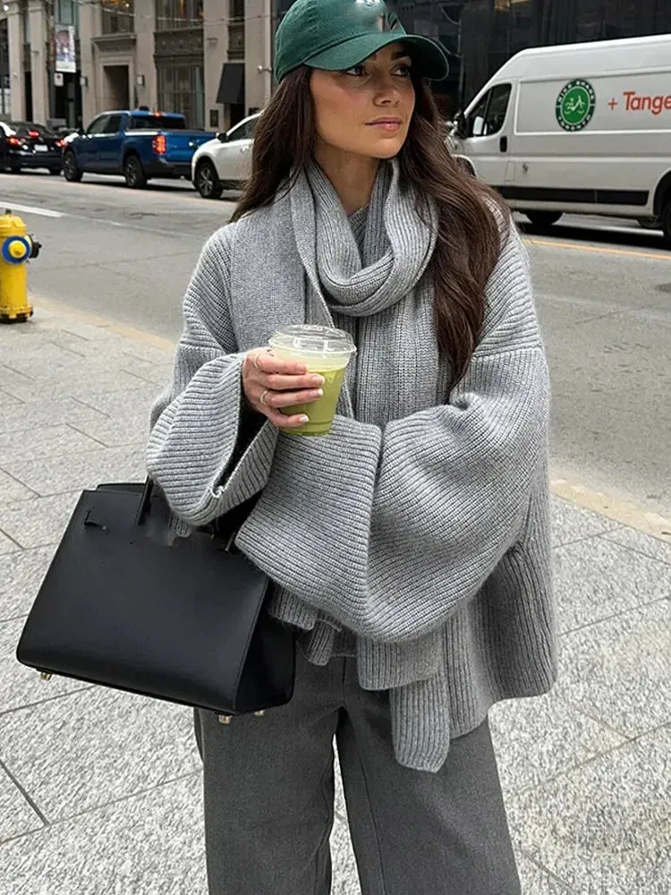 Joskaa Scarf Collar Grey Cropped Oversize Women's Sweater Chic Long Sleeve Knitted Pullover Female High Street Office Casual Knitwear