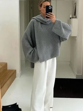 Joskaa Scarf Collar Grey Cropped Oversize Women's Sweater Chic Long Sleeve Knitted Pullover Female High Street Office Casual Knitwear
