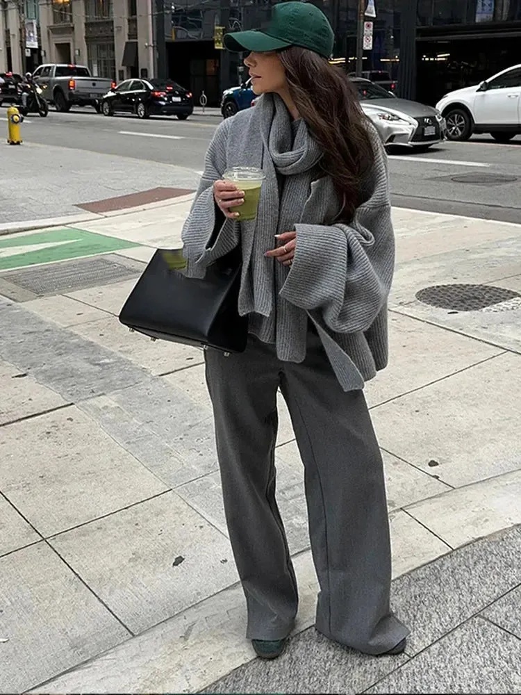 Joskaa Scarf Collar Grey Cropped Oversize Women's Sweater Chic Long Sleeve Knitted Pullover Female High Street Office Casual Knitwear