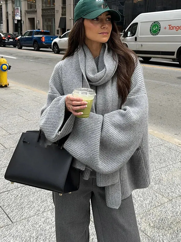 Joskaa Scarf Collar Grey Cropped Oversize Women's Sweater Chic Long Sleeve Knitted Pullover Female High Street Office Casual Knitwear