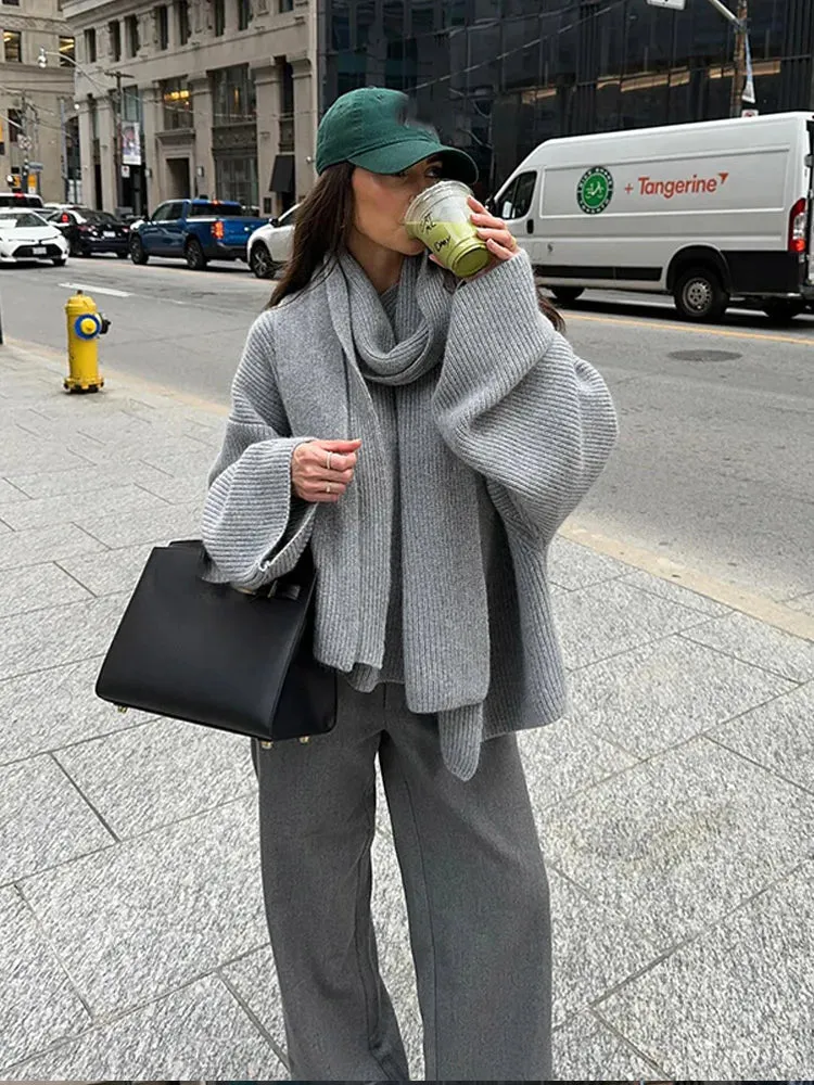 Joskaa Scarf Collar Grey Cropped Oversize Women's Sweater Chic Long Sleeve Knitted Pullover Female High Street Office Casual Knitwear