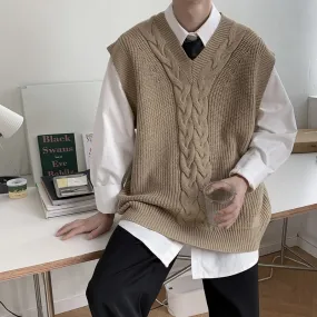 Korean Sweater Vest Men's Fashion Solid Color V-neck Knitted Pullover Men Streetwear Loose Autumn Vest Knitting Sweaters Mens