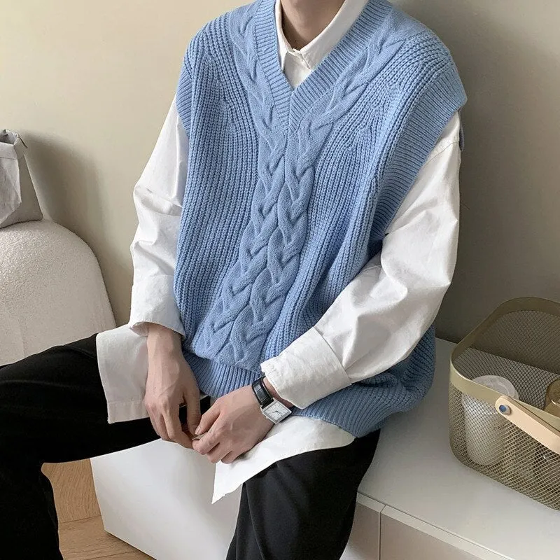 Korean Sweater Vest Men's Fashion Solid Color V-neck Knitted Pullover Men Streetwear Loose Autumn Vest Knitting Sweaters Mens