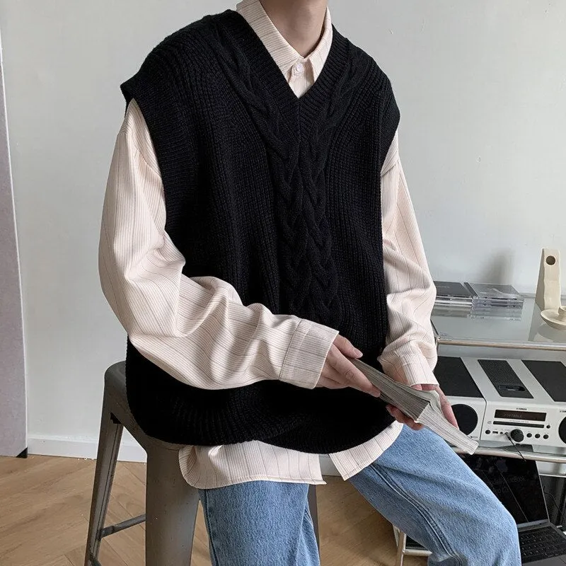Korean Sweater Vest Men's Fashion Solid Color V-neck Knitted Pullover Men Streetwear Loose Autumn Vest Knitting Sweaters Mens