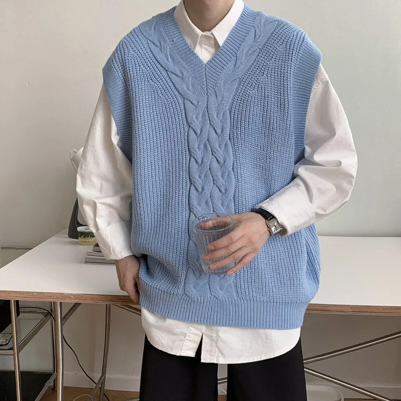 Korean Sweater Vest Men's Fashion Solid Color V-neck Knitted Pullover Men Streetwear Loose Autumn Vest Knitting Sweaters Mens