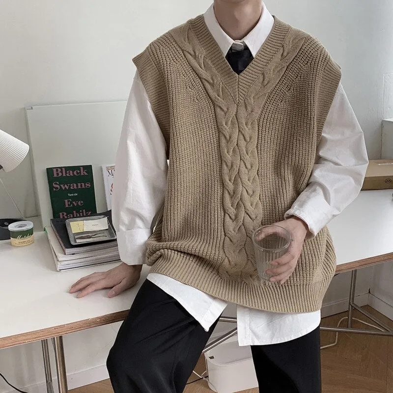 Korean Sweater Vest Men's Fashion Solid Color V-neck Knitted Pullover Men Streetwear Loose Autumn Vest Knitting Sweaters Mens