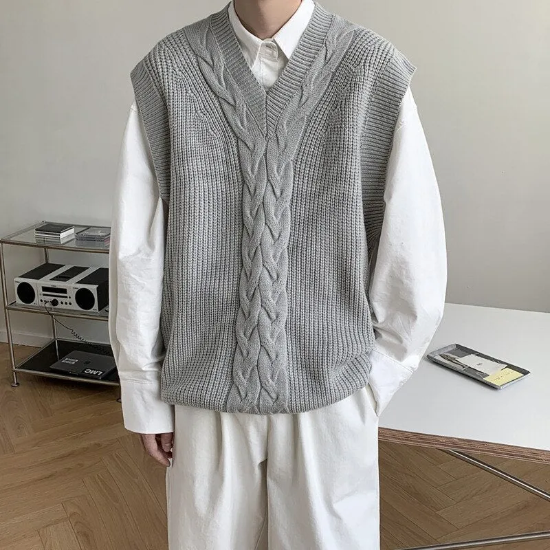 Korean Sweater Vest Men's Fashion Solid Color V-neck Knitted Pullover Men Streetwear Loose Autumn Vest Knitting Sweaters Mens