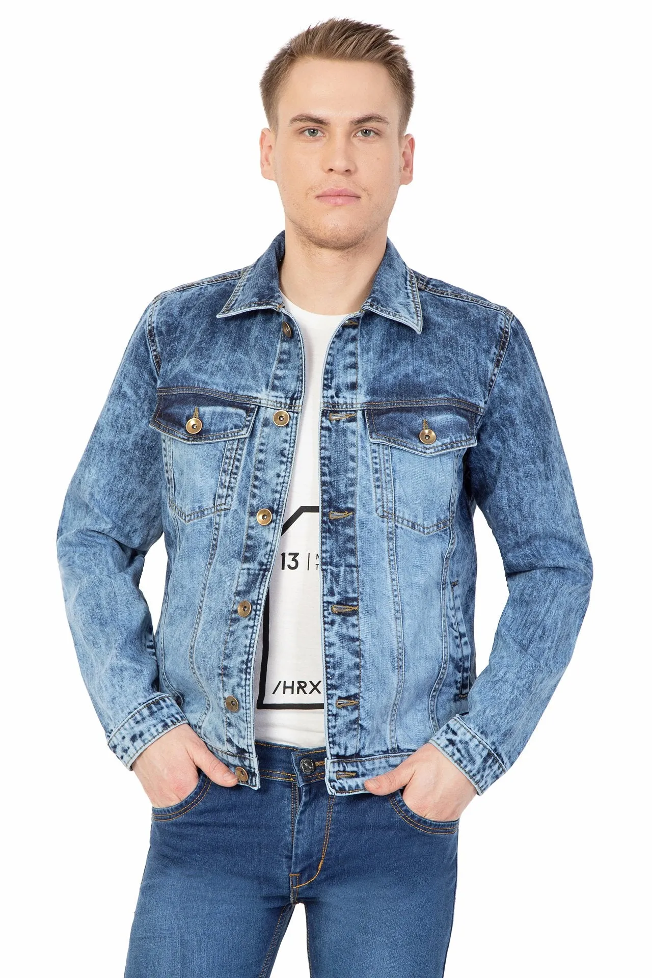 Krossstitch Full Sleeve Men's Denim Could Blue Jacket with Button Clouser