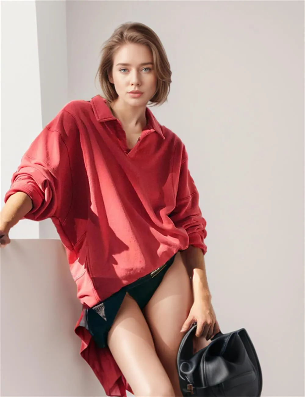 Ladies Solid Color Lapel Neck Pullover SKT604