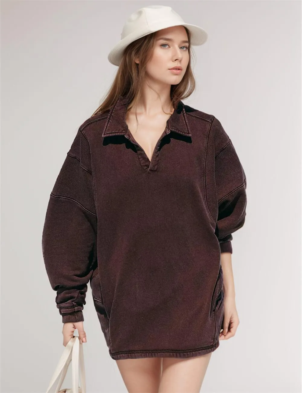 Ladies Solid Color Lapel Neck Pullover SKT604
