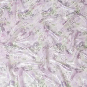 Light lilac Premium pure silk chiffon fabric with multicolor print having neon green metallic lurex in floral design-D15467