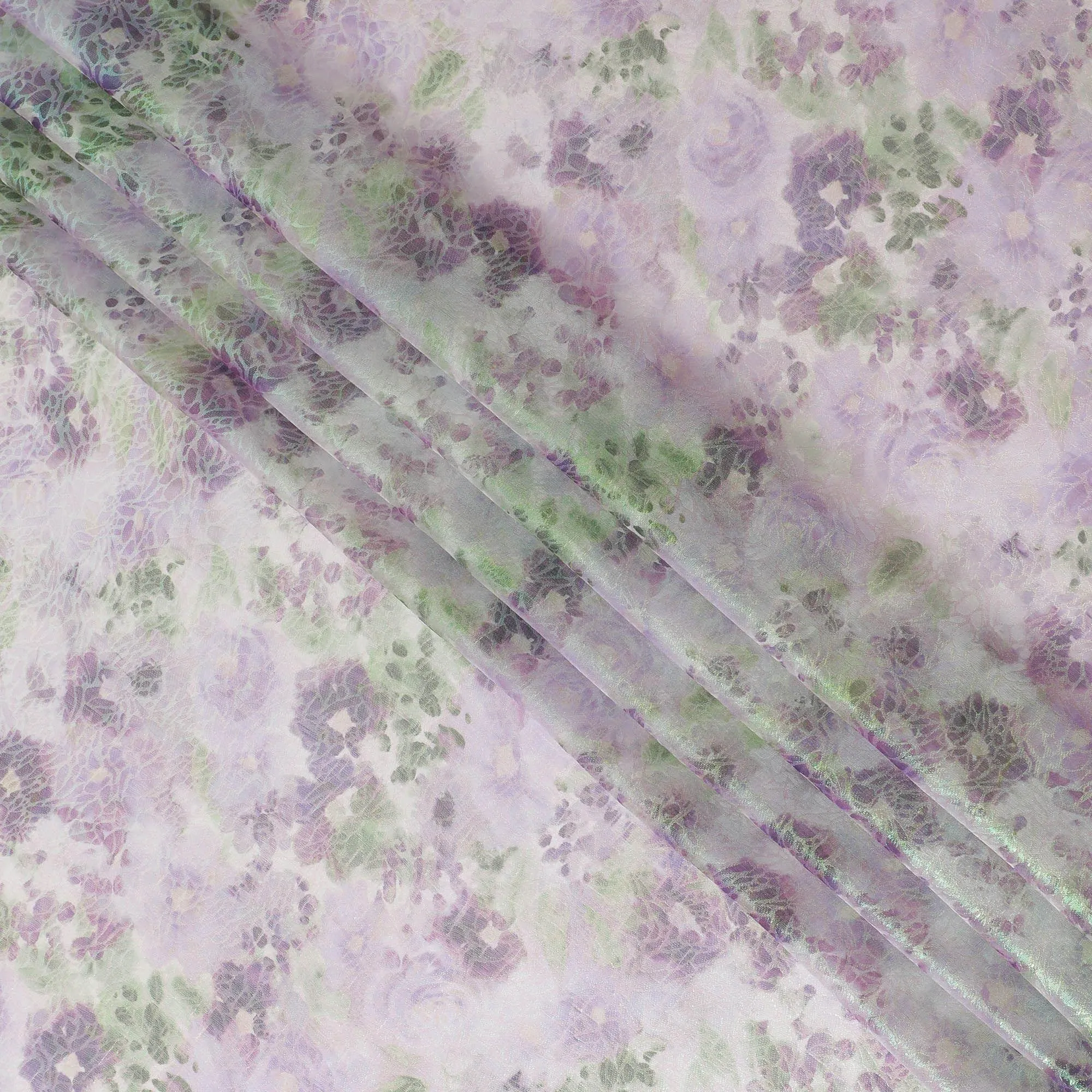 Light lilac Premium pure silk chiffon fabric with multicolor print having neon green metallic lurex in floral design-D15467