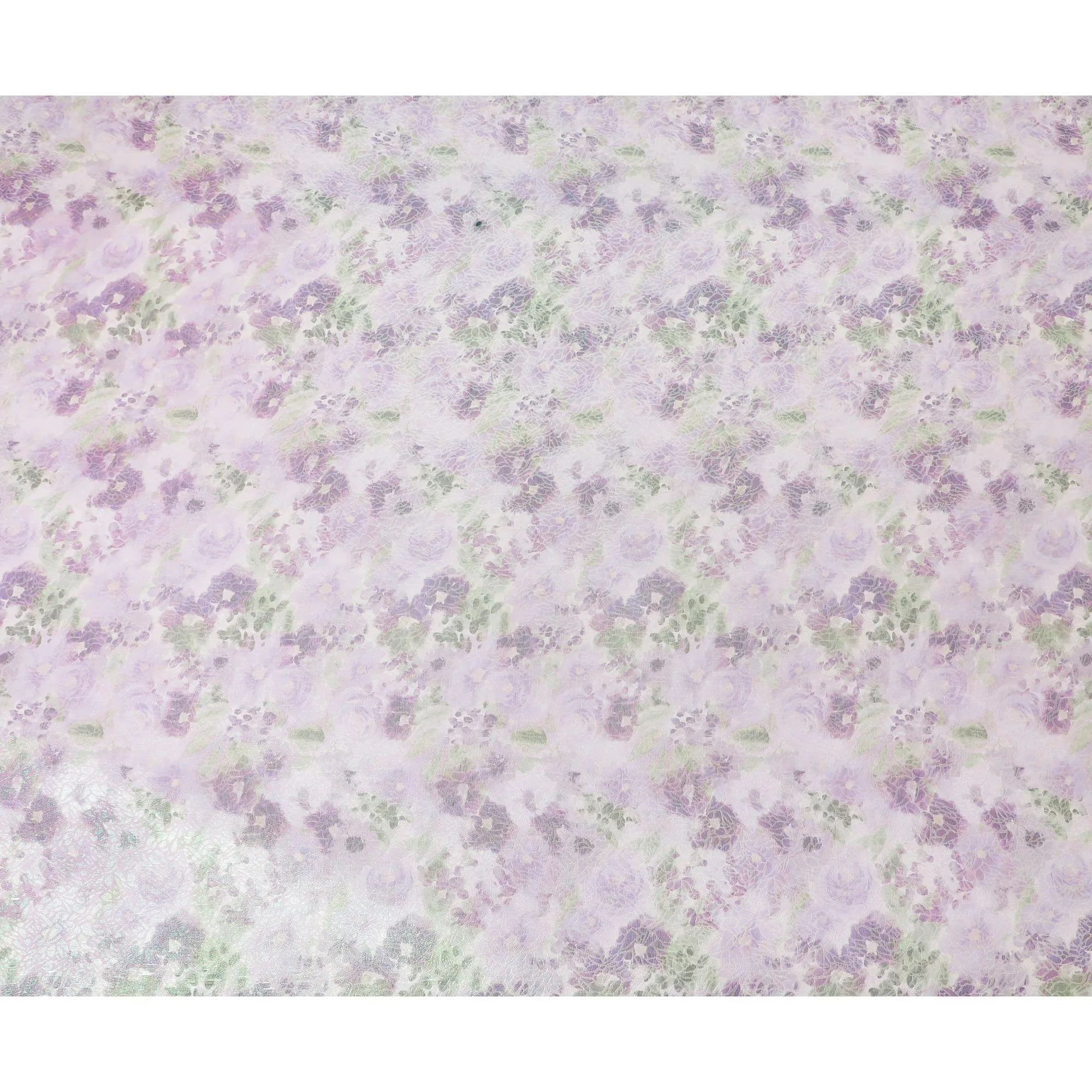 Light lilac Premium pure silk chiffon fabric with multicolor print having neon green metallic lurex in floral design-D15467