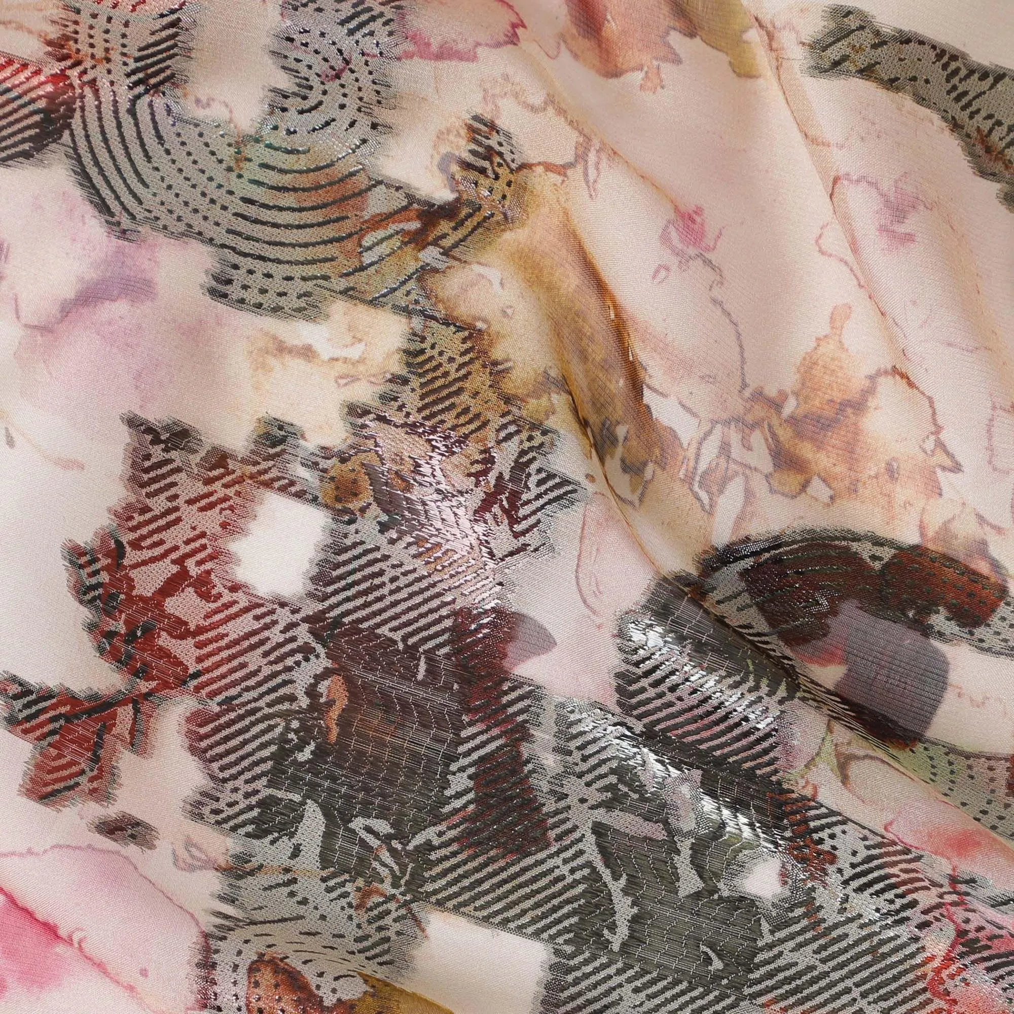 Light peach premium pure silk chiffon fabric with multicolor print and metallic lurex in Abstract design-D13732