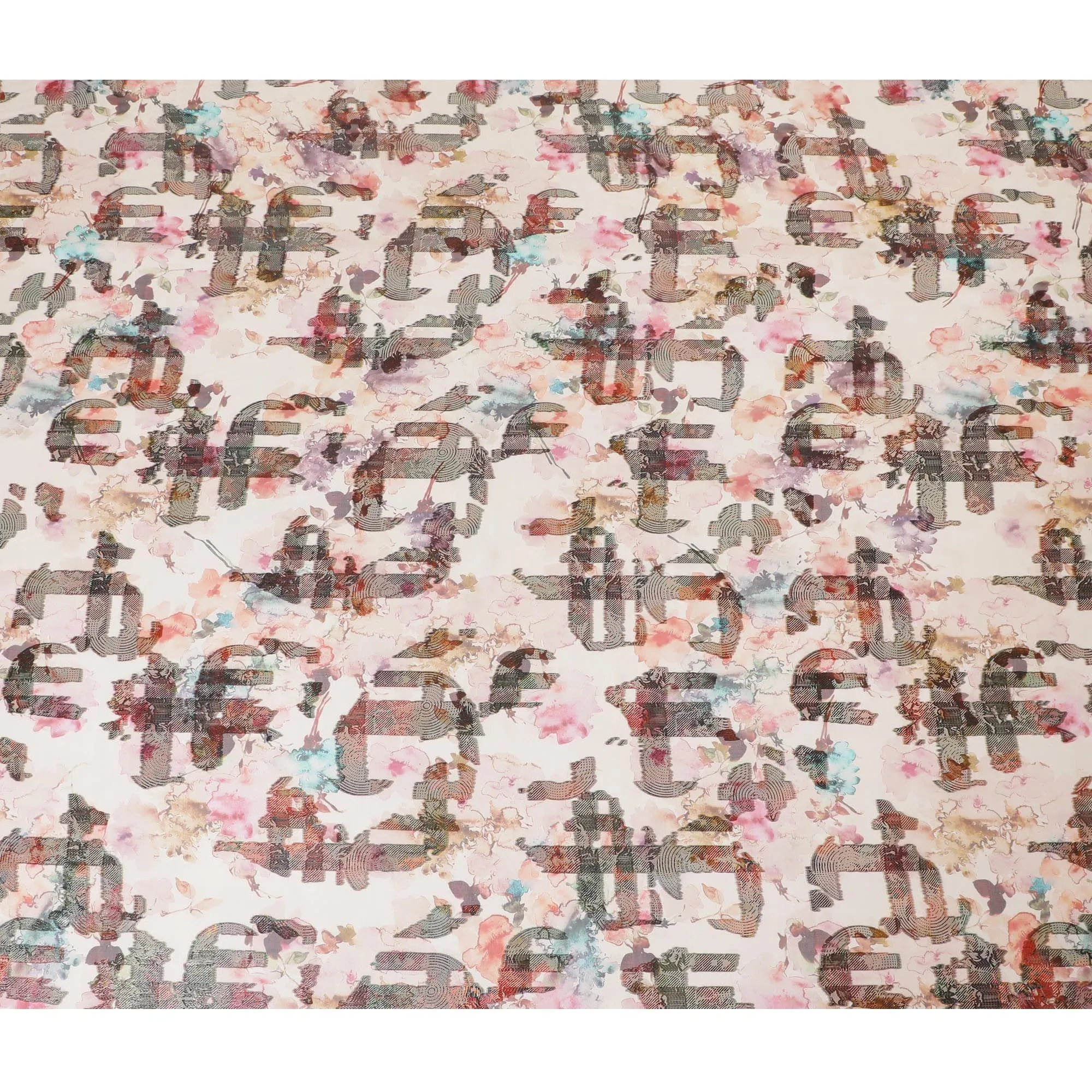 Light peach premium pure silk chiffon fabric with multicolor print and metallic lurex in Abstract design-D13732