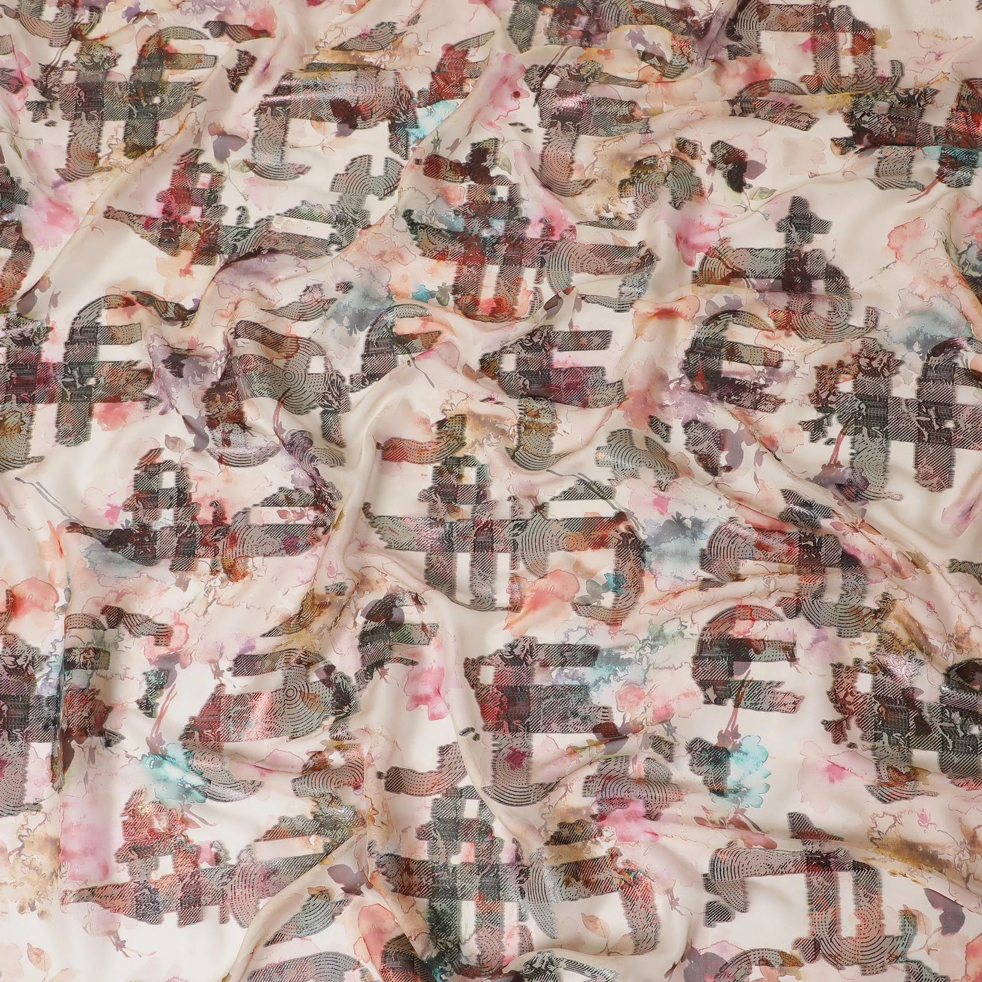 Light peach premium pure silk chiffon fabric with multicolor print and metallic lurex in Abstract design-D13732