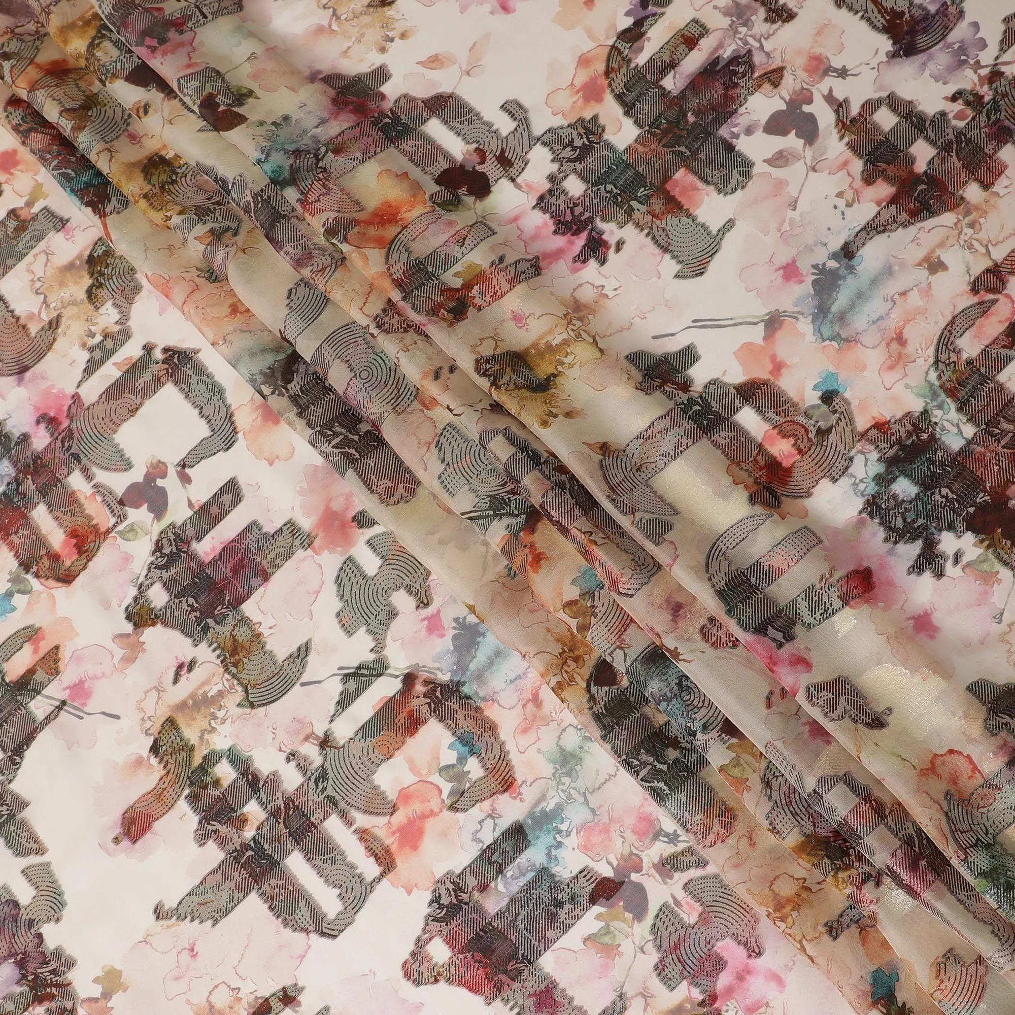 Light peach premium pure silk chiffon fabric with multicolor print and metallic lurex in Abstract design-D13732