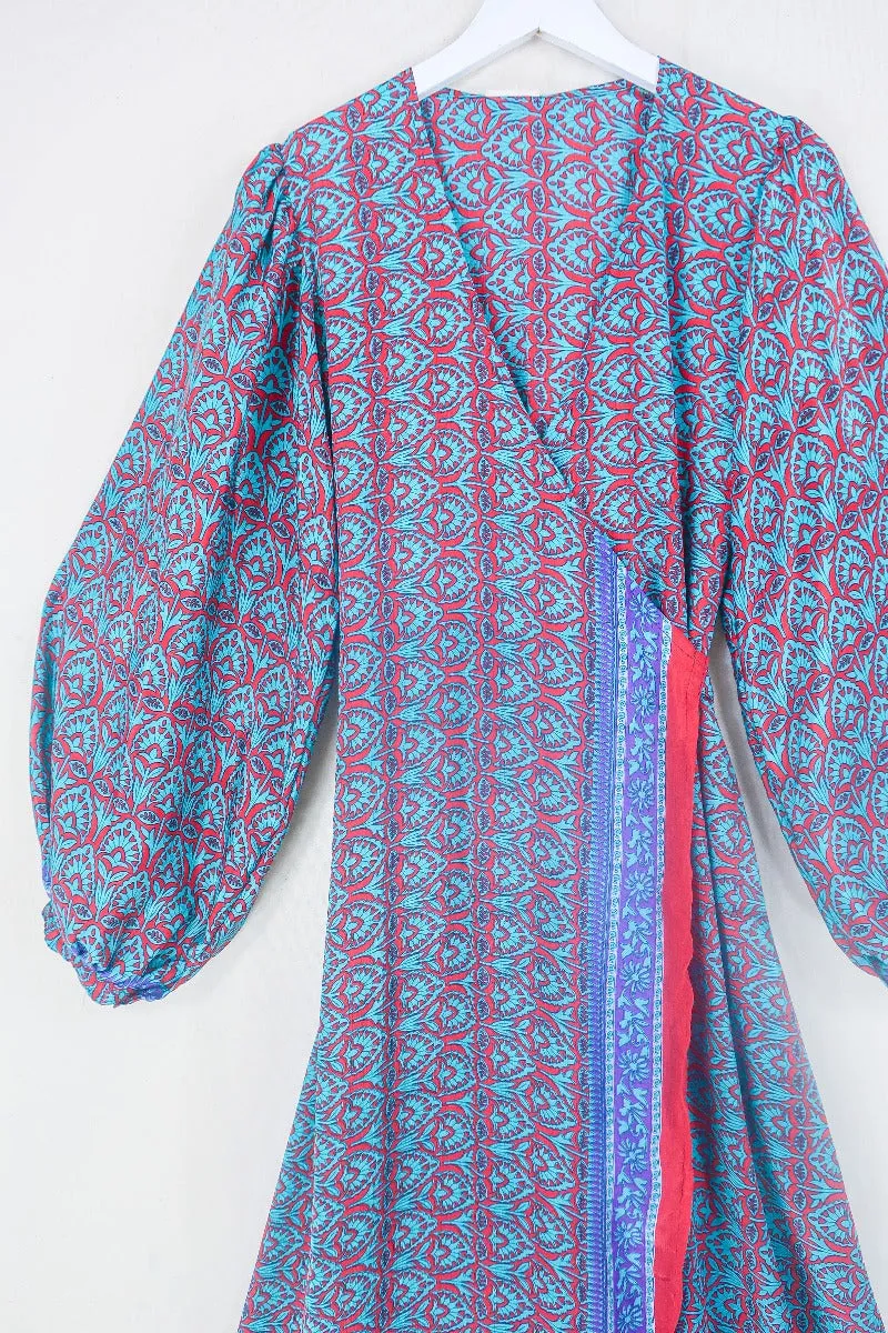 Lola Long Wrap Dress - Aquamarine & Ruby Block Floral - Vintage Indian Sari - Size S/M