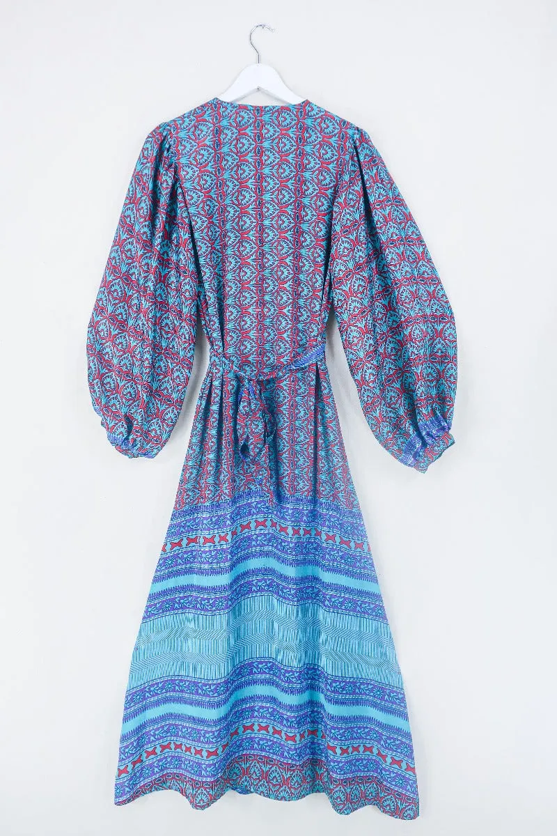 Lola Long Wrap Dress - Aquamarine & Ruby Block Floral - Vintage Indian Sari - Size S/M
