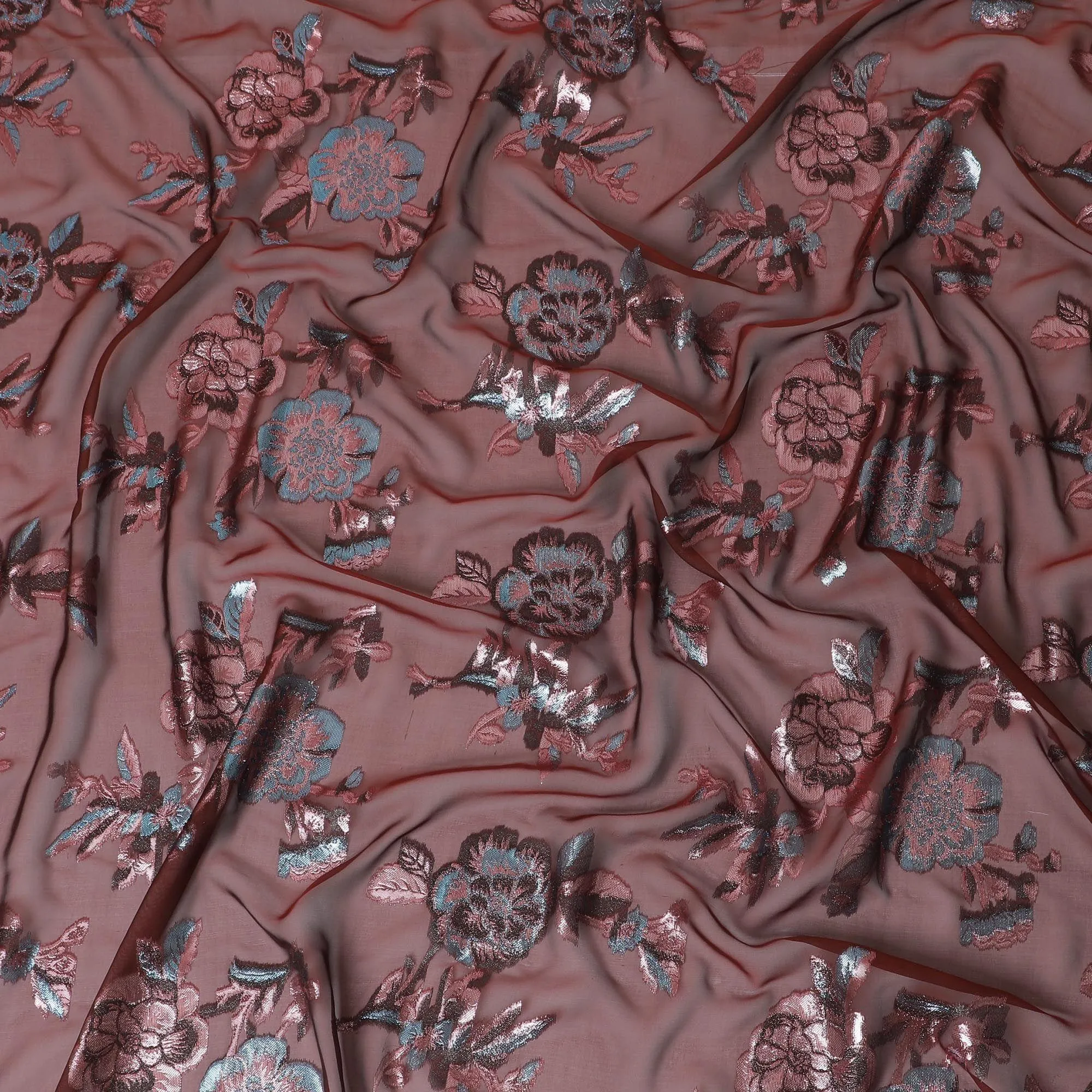Maroon premium pure silk chiffon fabric with same tone and blue metallic lurex in floral design-D13725