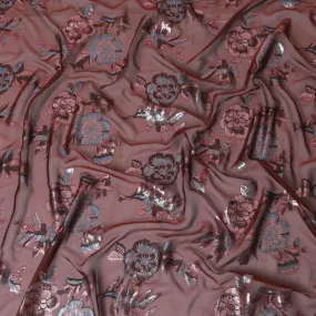 Maroon premium pure silk chiffon fabric with same tone and blue metallic lurex in floral design-D13725