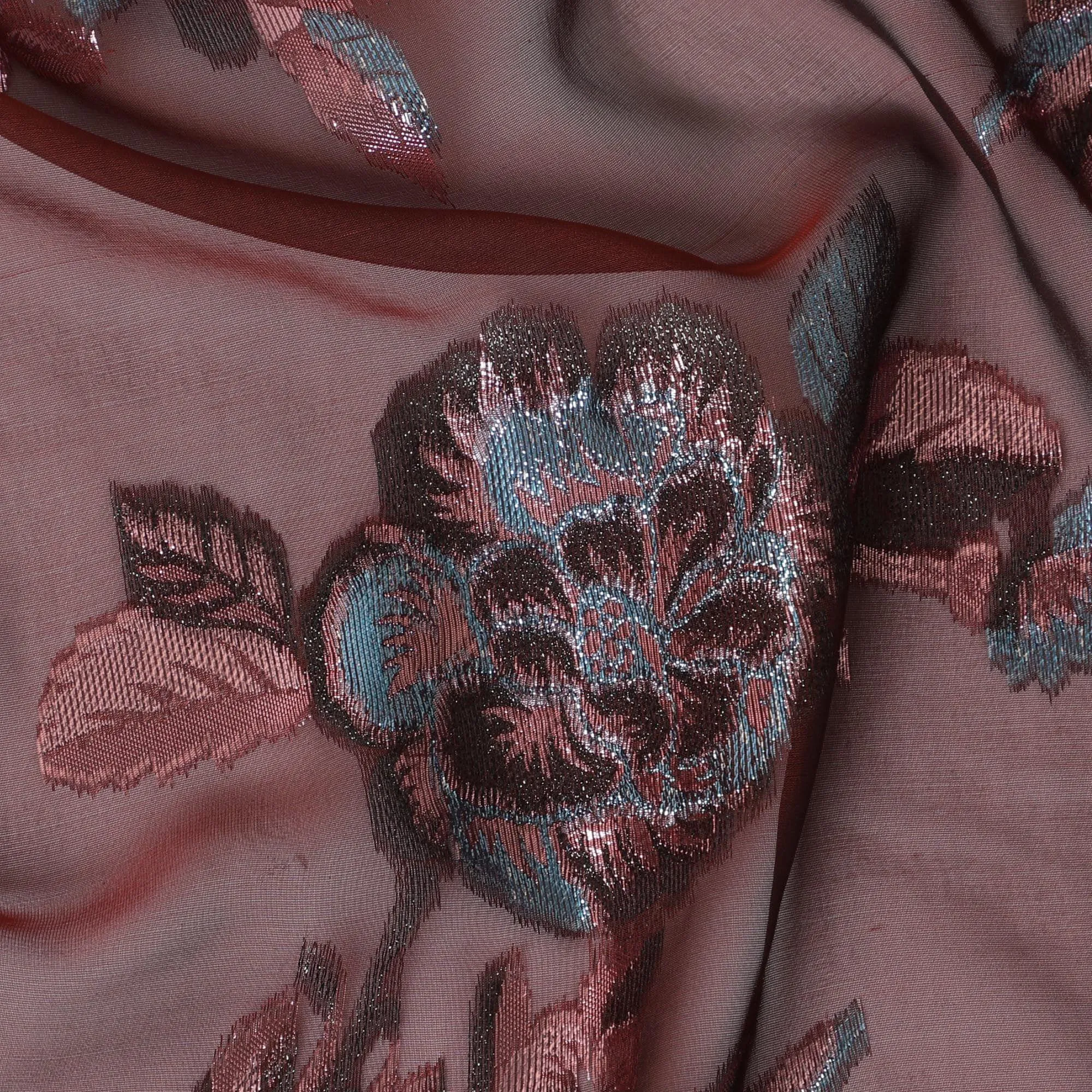 Maroon premium pure silk chiffon fabric with same tone and blue metallic lurex in floral design-D13725