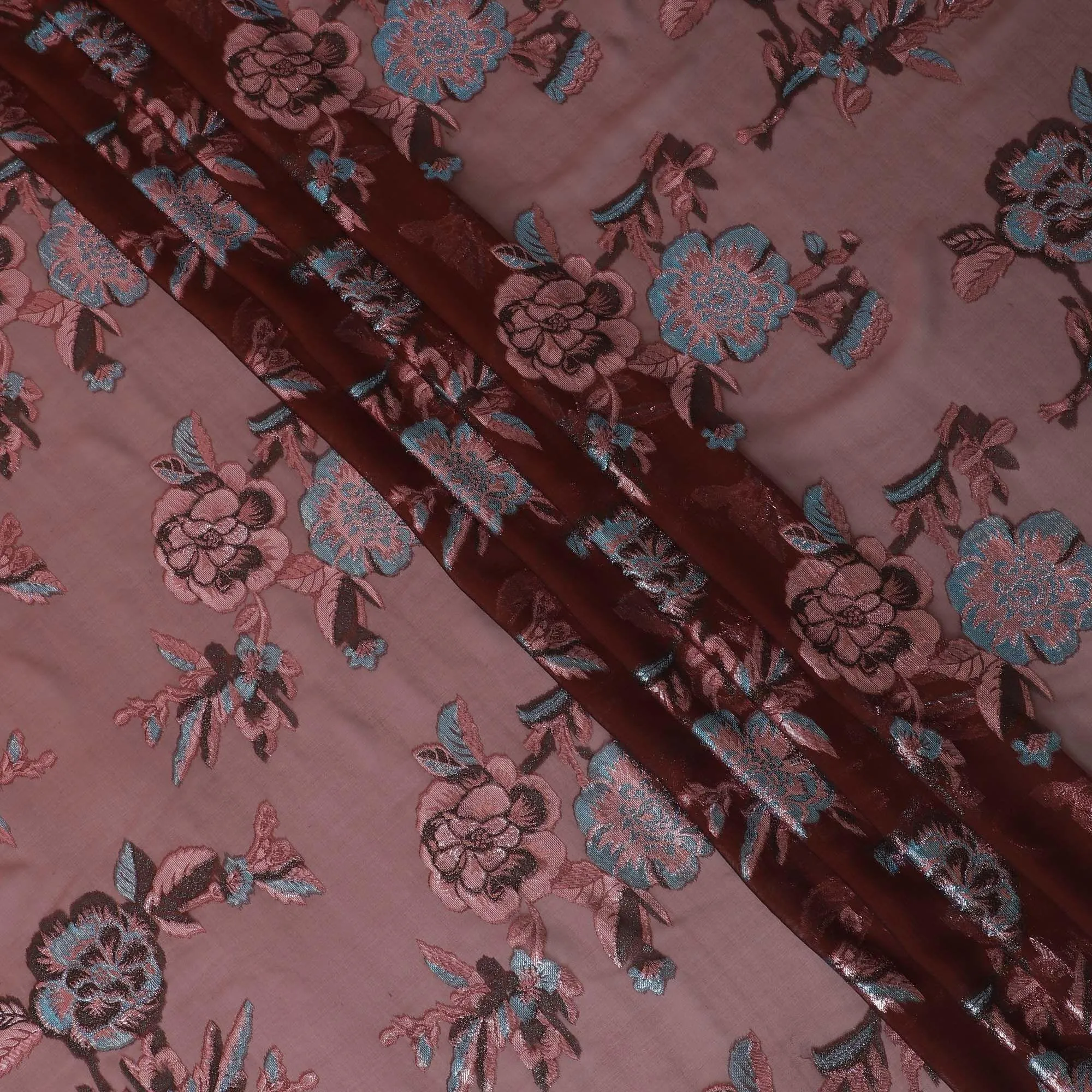 Maroon premium pure silk chiffon fabric with same tone and blue metallic lurex in floral design-D13725
