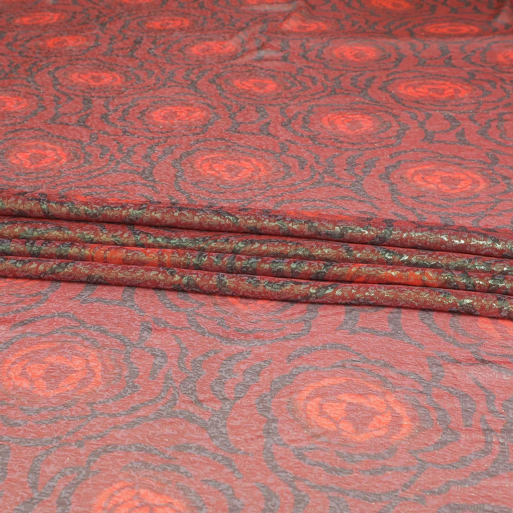 Maroon pure silk chiffon fabric with neon green and black metallic lurex in fancy design-D8979