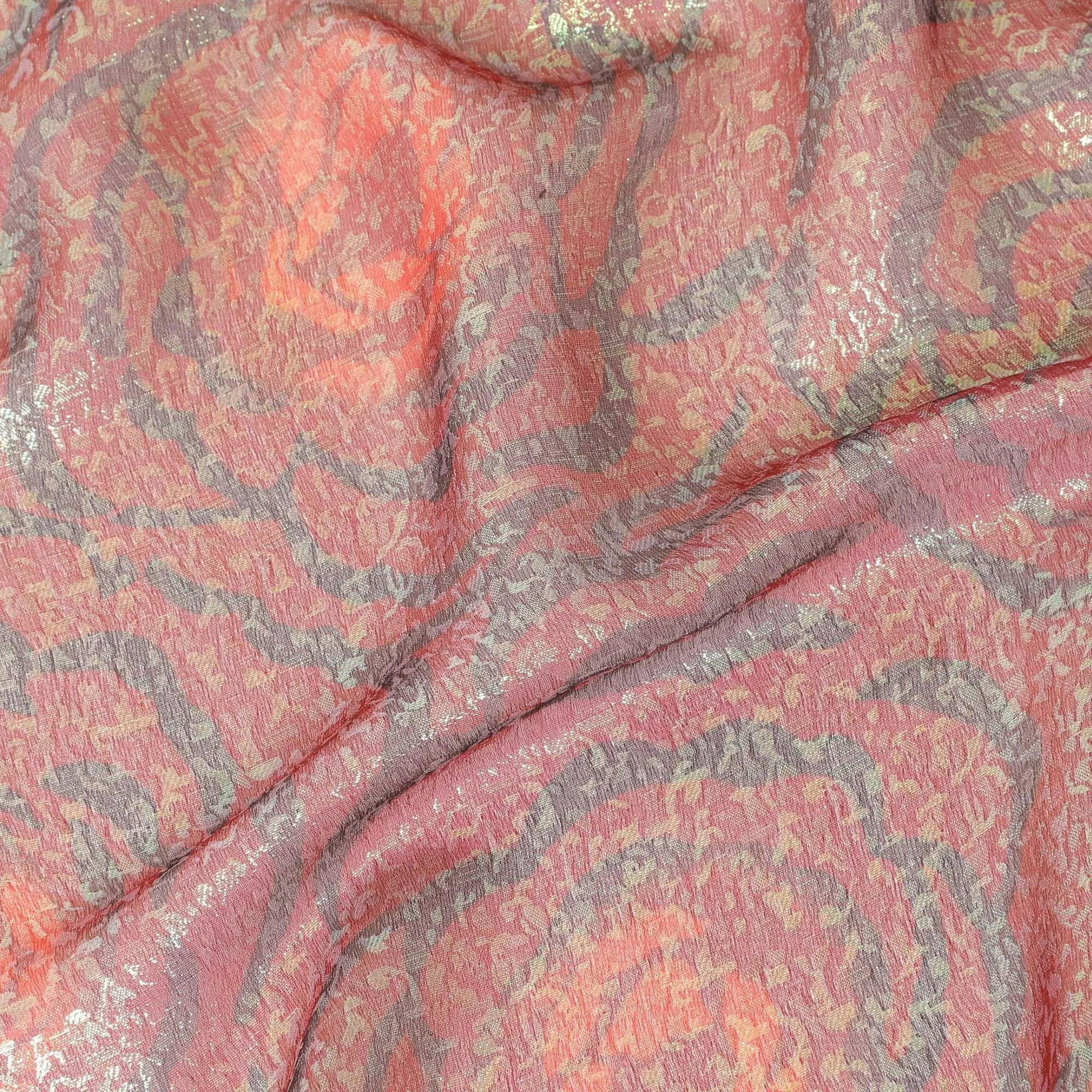 Maroon pure silk chiffon fabric with neon green and black metallic lurex in fancy design-D8979