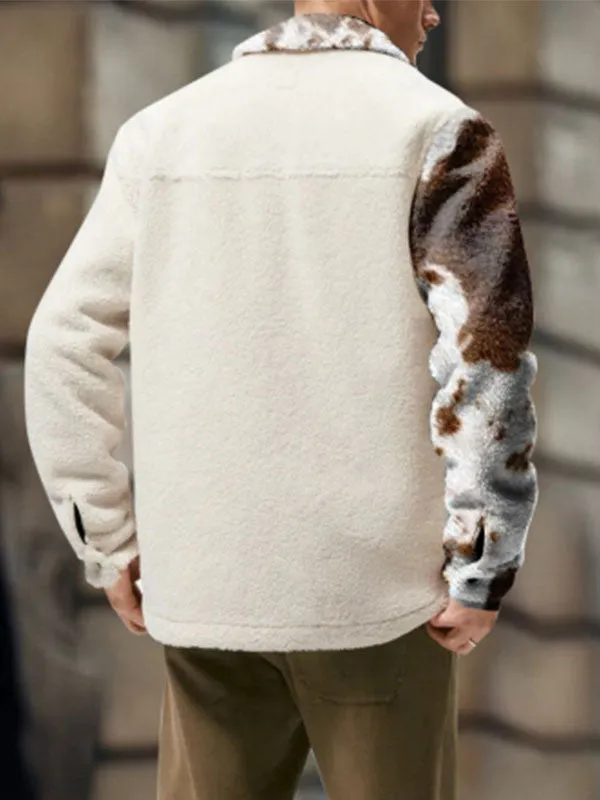 Men's Patchwork Cow Print Fleece Jacket Coat