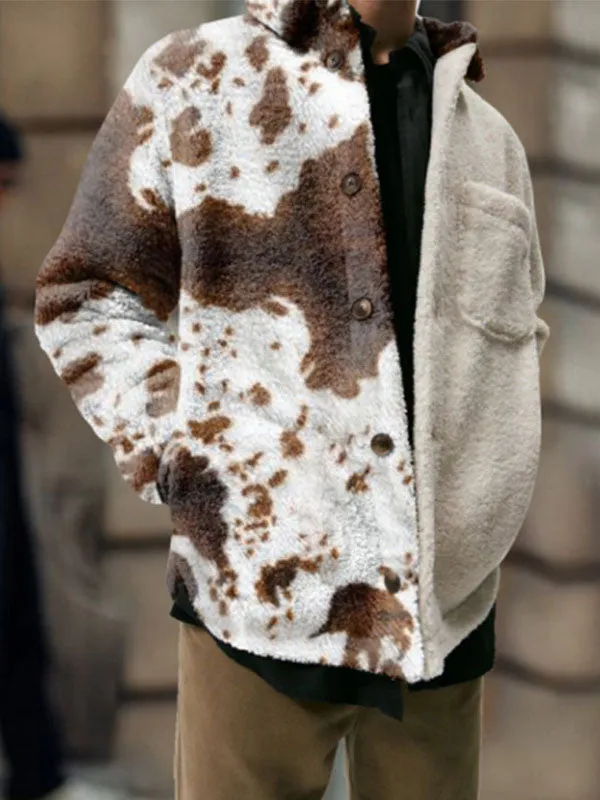 Men's Patchwork Cow Print Fleece Jacket Coat
