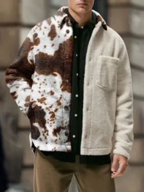 Men's Patchwork Cow Print Fleece Jacket Coat