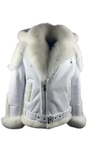 Men's White Fox Fur Trimmed Biker Shearling Jacket Style # 3004