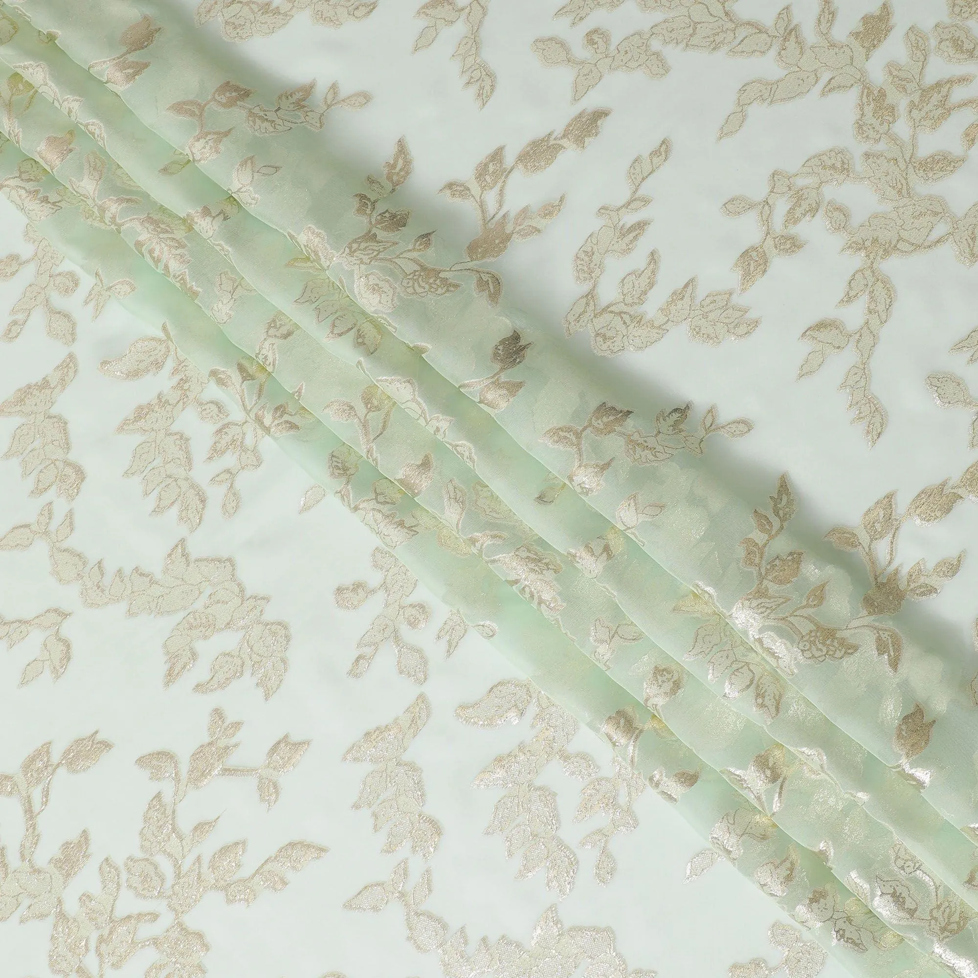 Mint green Premium pure silk chiffon fabric with gold metallic lurex in leaf design-D15447
