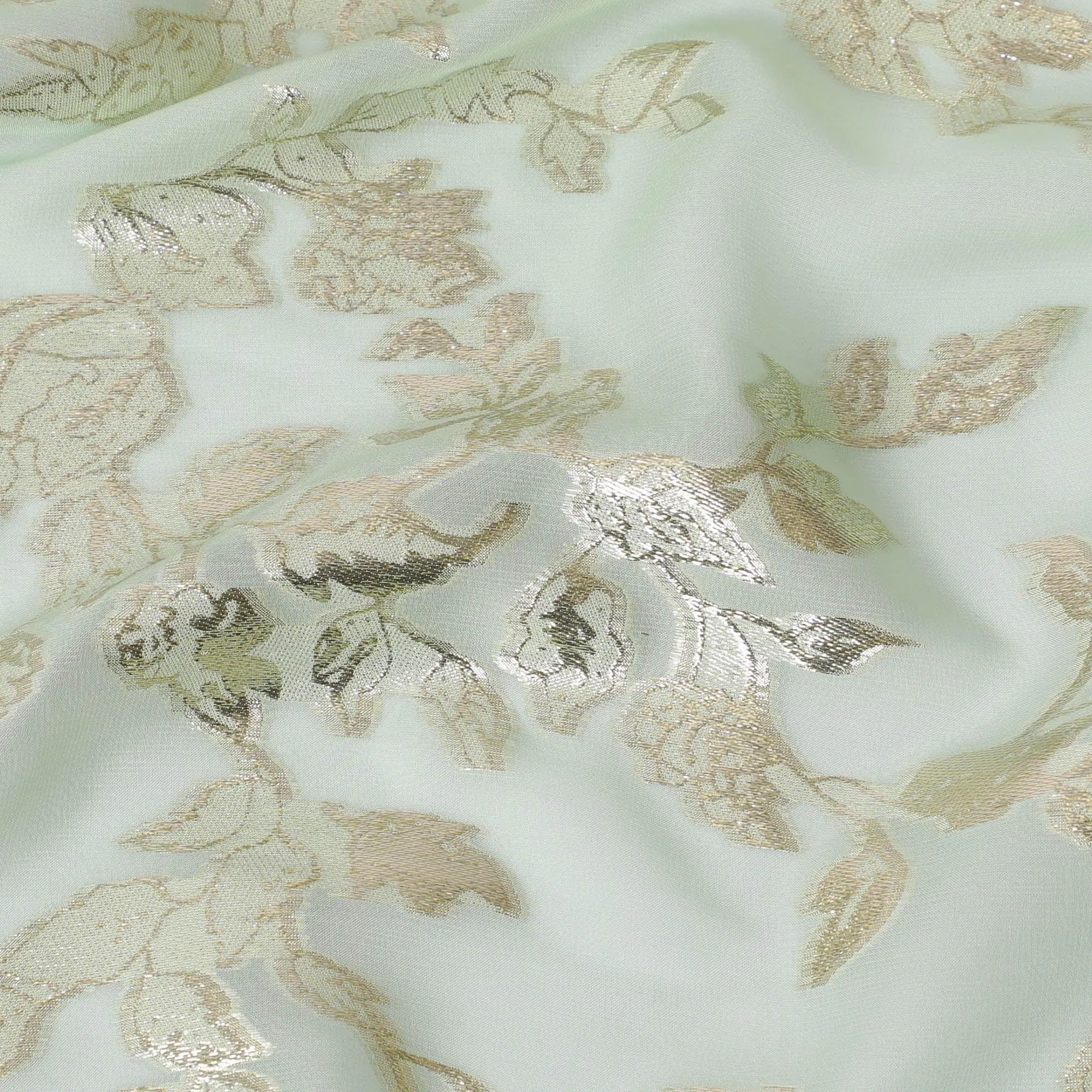 Mint green Premium pure silk chiffon fabric with gold metallic lurex in leaf design-D15447