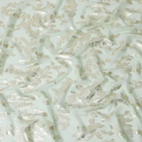 Mint green Premium pure silk chiffon fabric with gold metallic lurex in leaf design-D15447