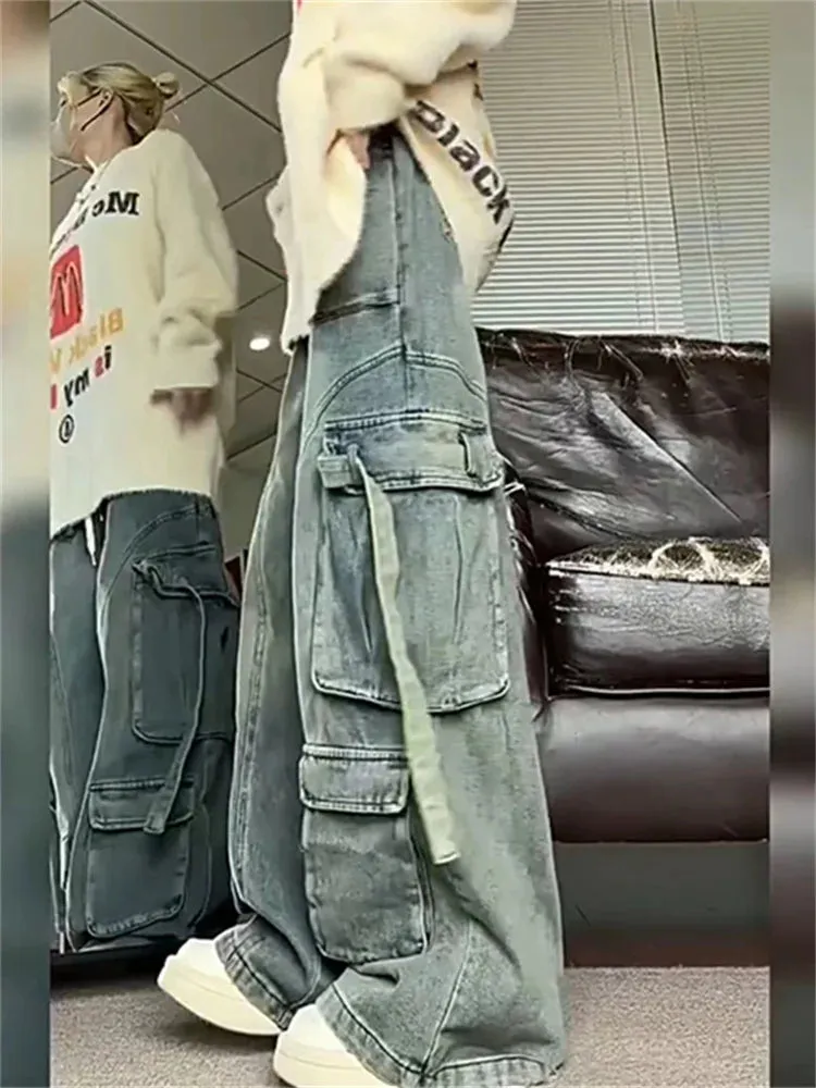 More Than A Pocket Blue Jeans for Women 2024 Vintage Streetwear Loose Straight Cargo Pants Chic Washed High Waist Wide Leg Pants
