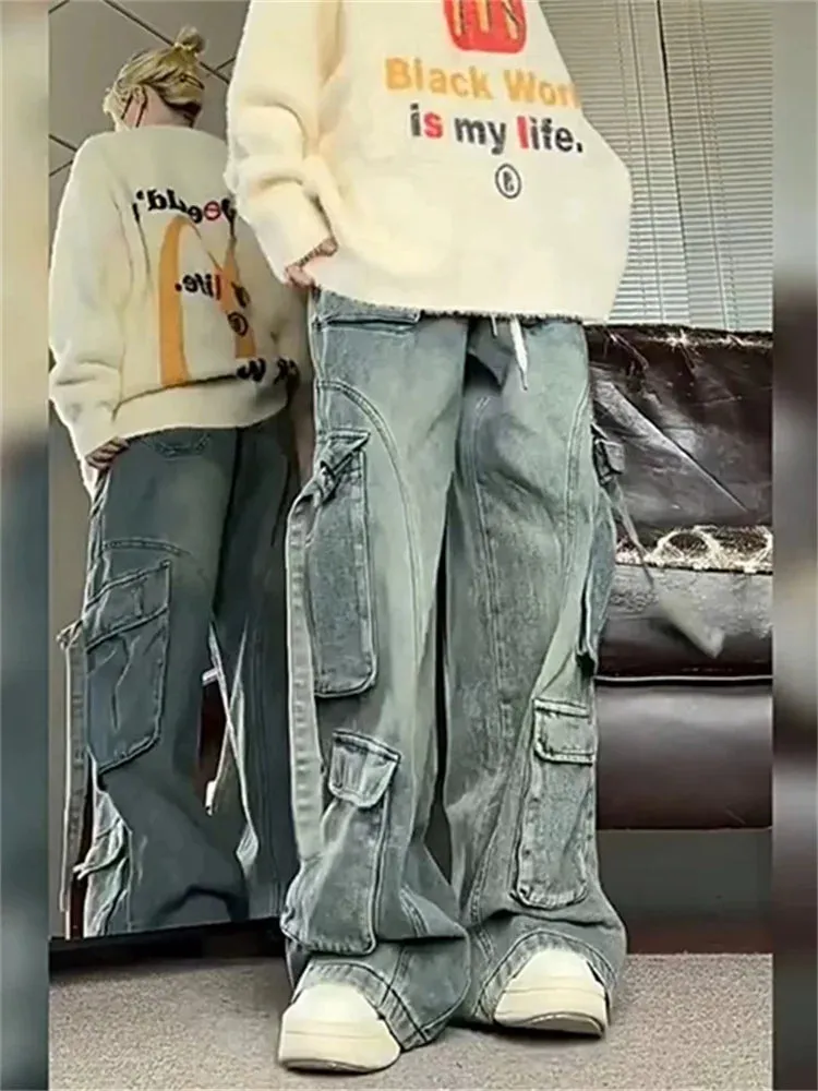 More Than A Pocket Blue Jeans for Women 2024 Vintage Streetwear Loose Straight Cargo Pants Chic Washed High Waist Wide Leg Pants