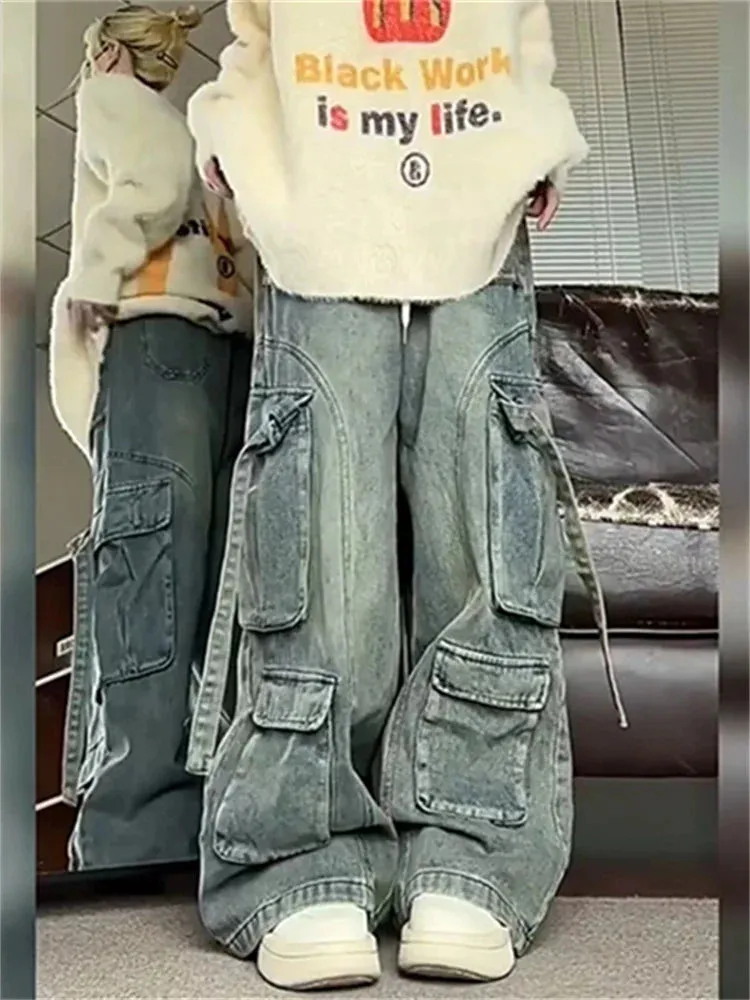 More Than A Pocket Blue Jeans for Women 2024 Vintage Streetwear Loose Straight Cargo Pants Chic Washed High Waist Wide Leg Pants