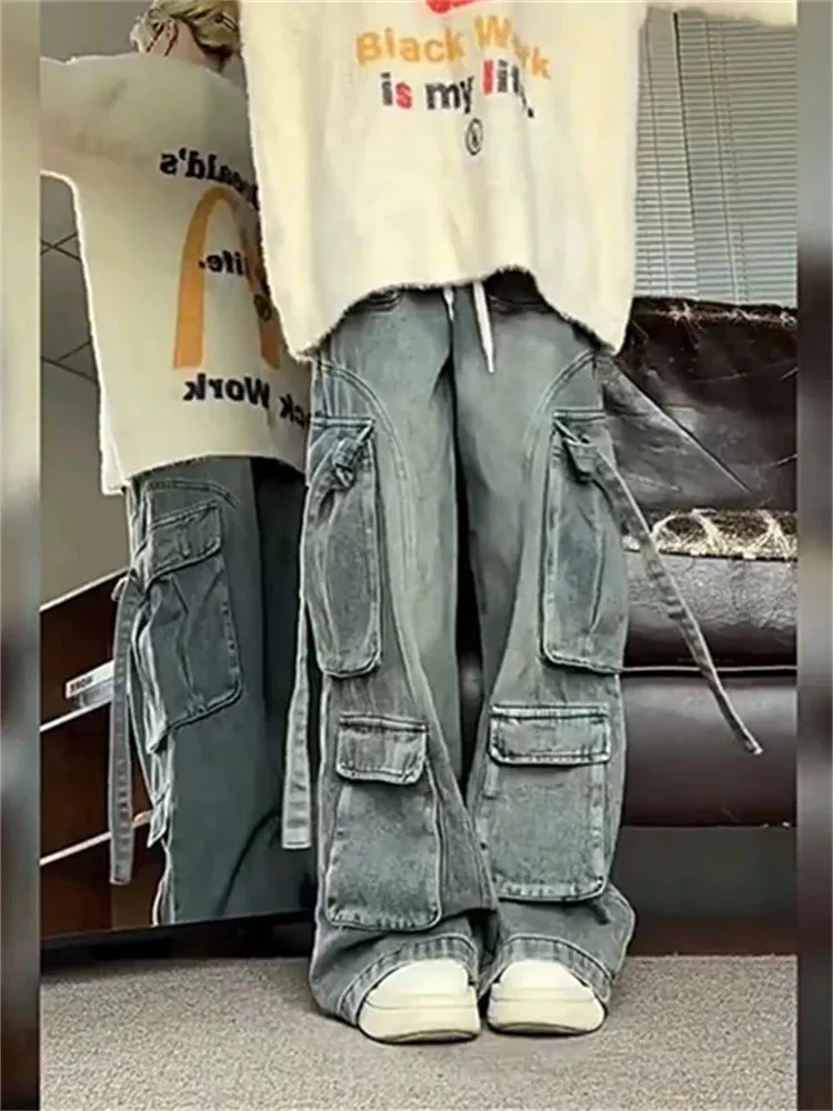 More Than A Pocket Blue Jeans for Women 2024 Vintage Streetwear Loose Straight Cargo Pants Chic Washed High Waist Wide Leg Pants