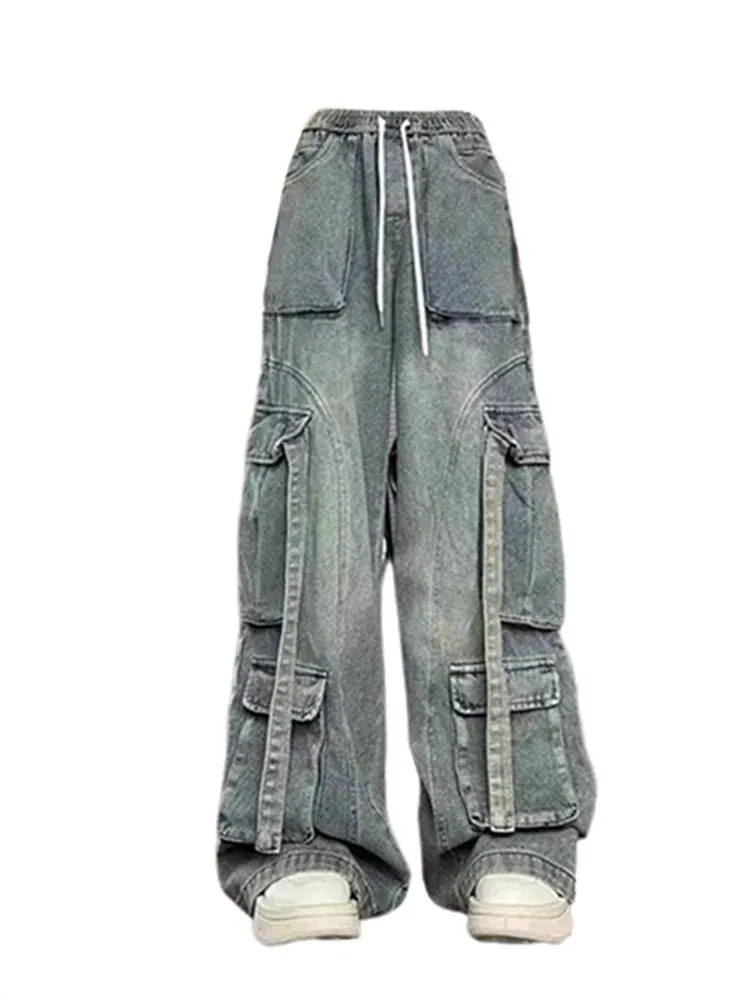 More Than A Pocket Blue Jeans for Women 2024 Vintage Streetwear Loose Straight Cargo Pants Chic Washed High Waist Wide Leg Pants