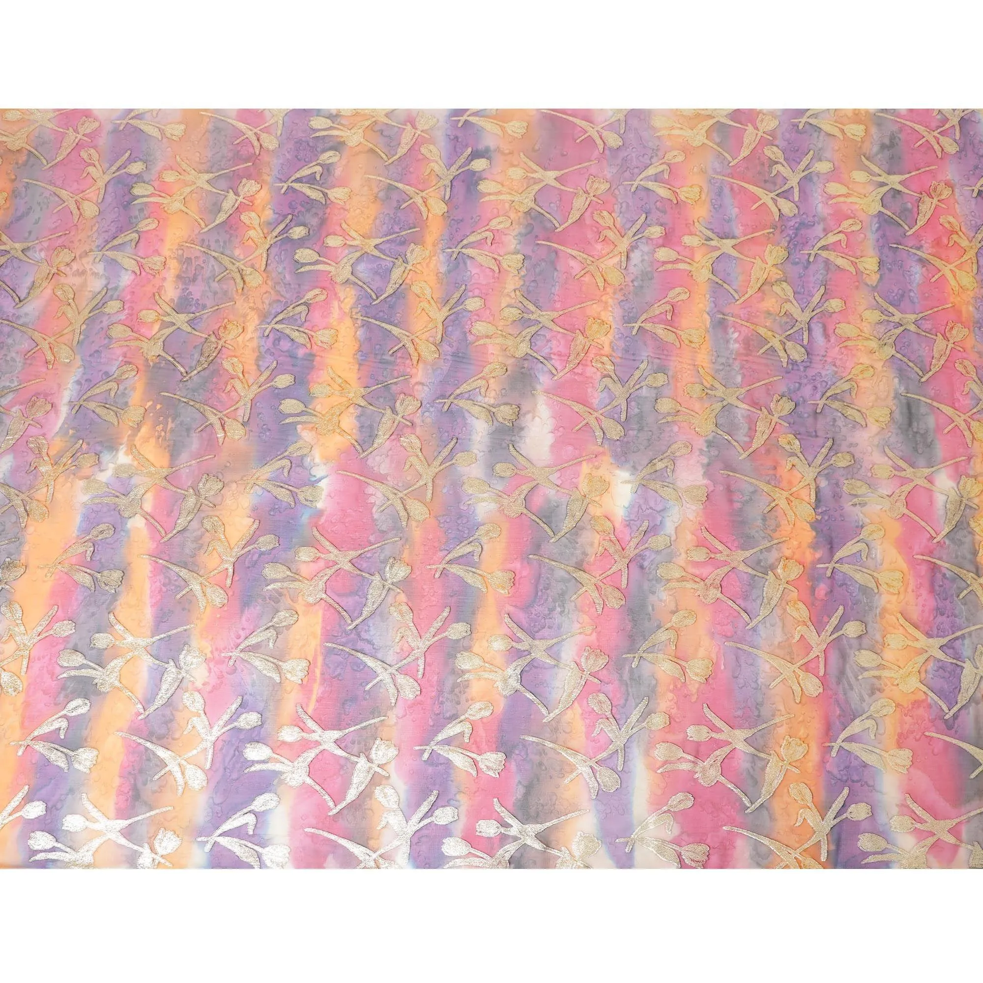 Multicolor premium hand printed pure silk chiffon fabric with gold metallic lurex in floral design-D9412