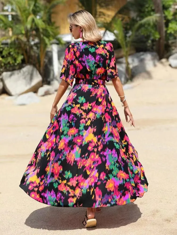New short-sleeved V-neck pullover irregular beach dress for summer