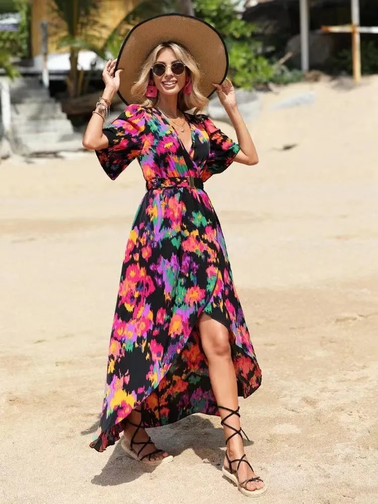 New short-sleeved V-neck pullover irregular beach dress for summer