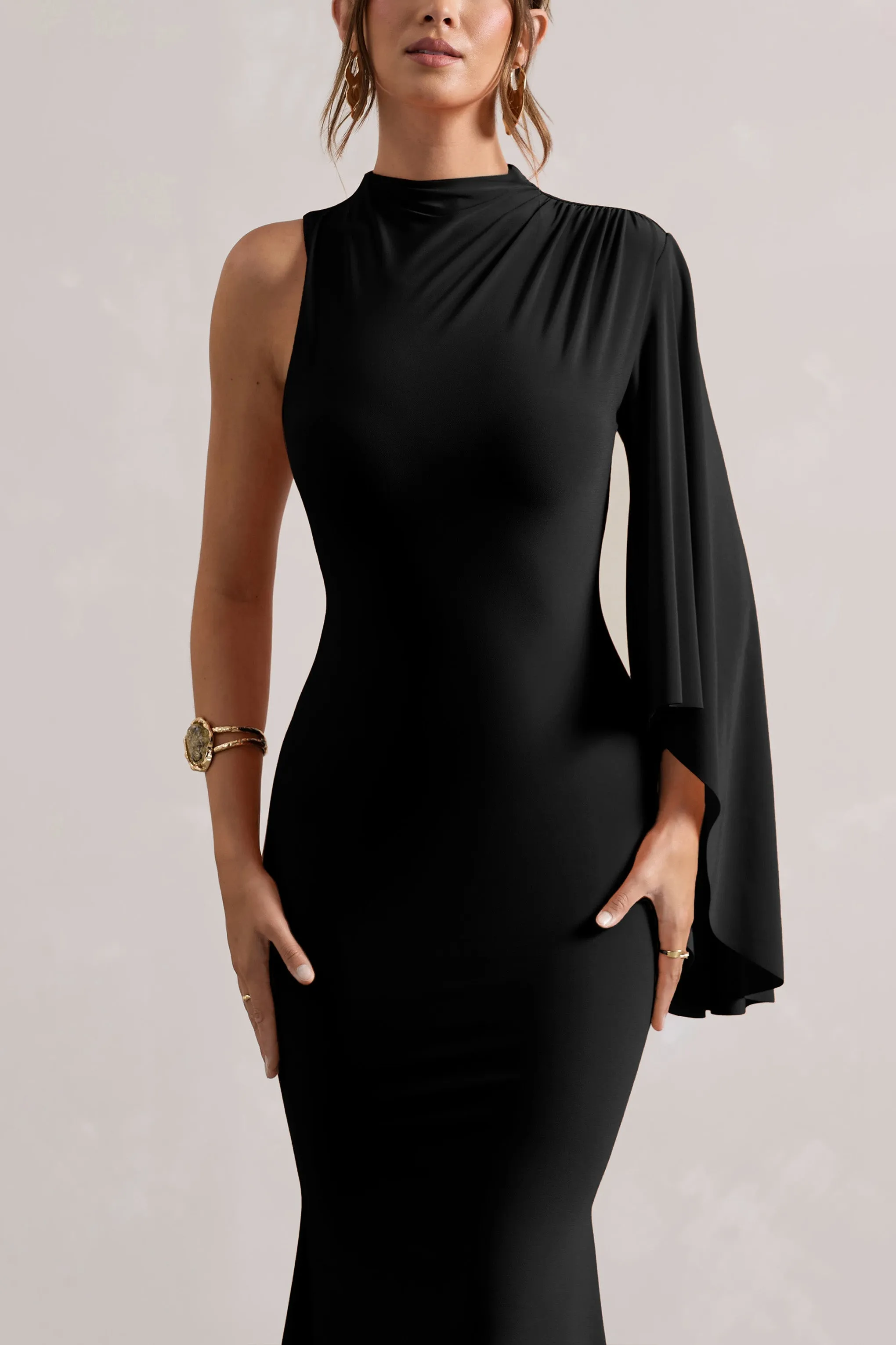 Samaya | Black High-Neck Cape-Sleeve Maxi Dress