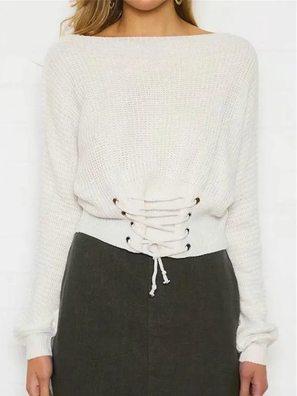 Solid Color Lace Up Pullover Sweater
