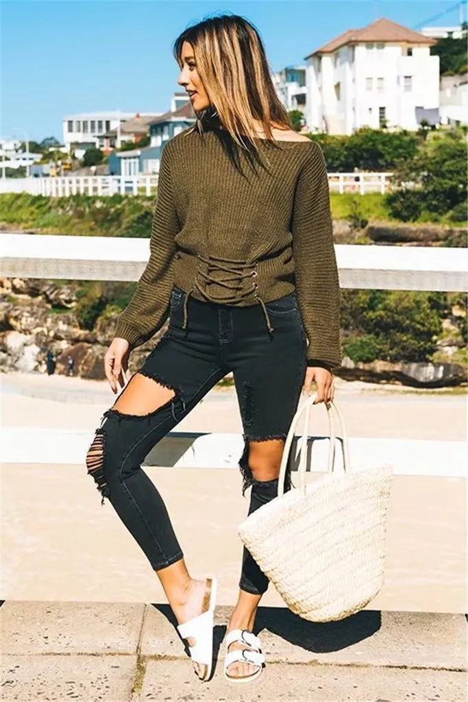 Solid Color Lace Up Pullover Sweater