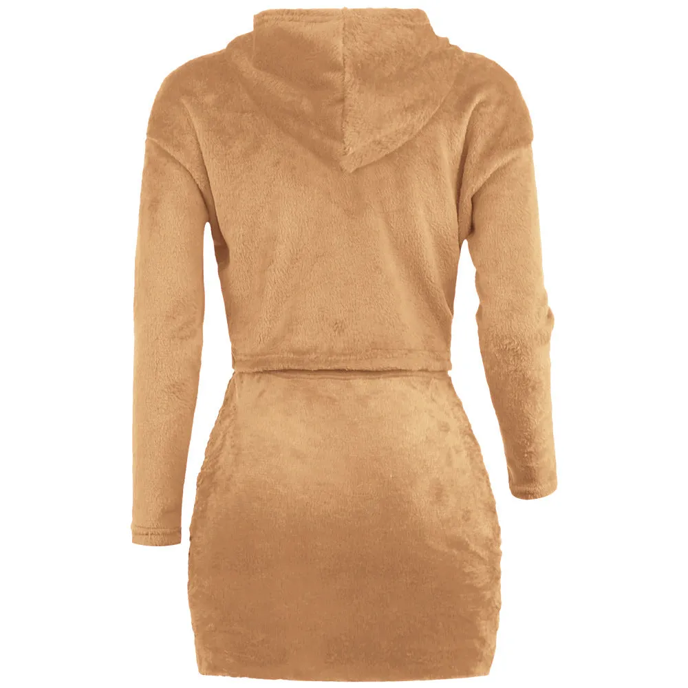 Solid Color Zipper Hooded Cropped Teddy Coat with Short Skirt Two Pieces Set