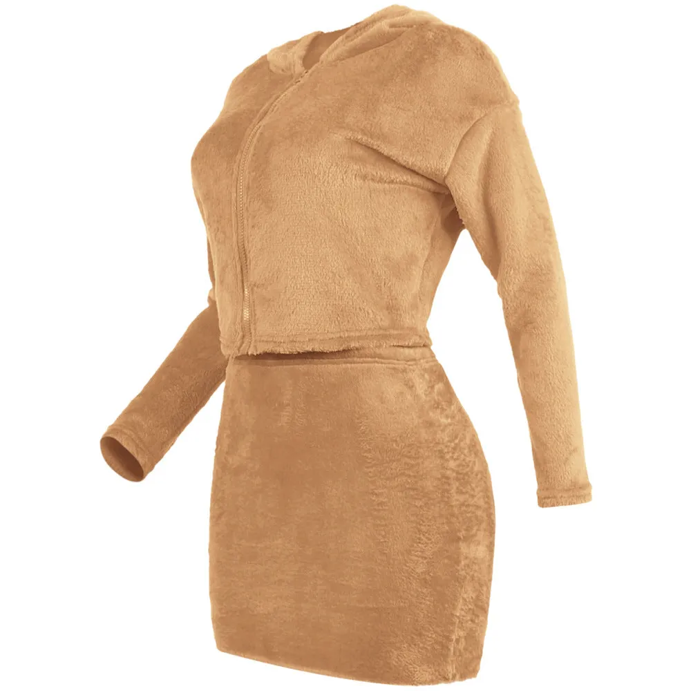 Solid Color Zipper Hooded Cropped Teddy Coat with Short Skirt Two Pieces Set