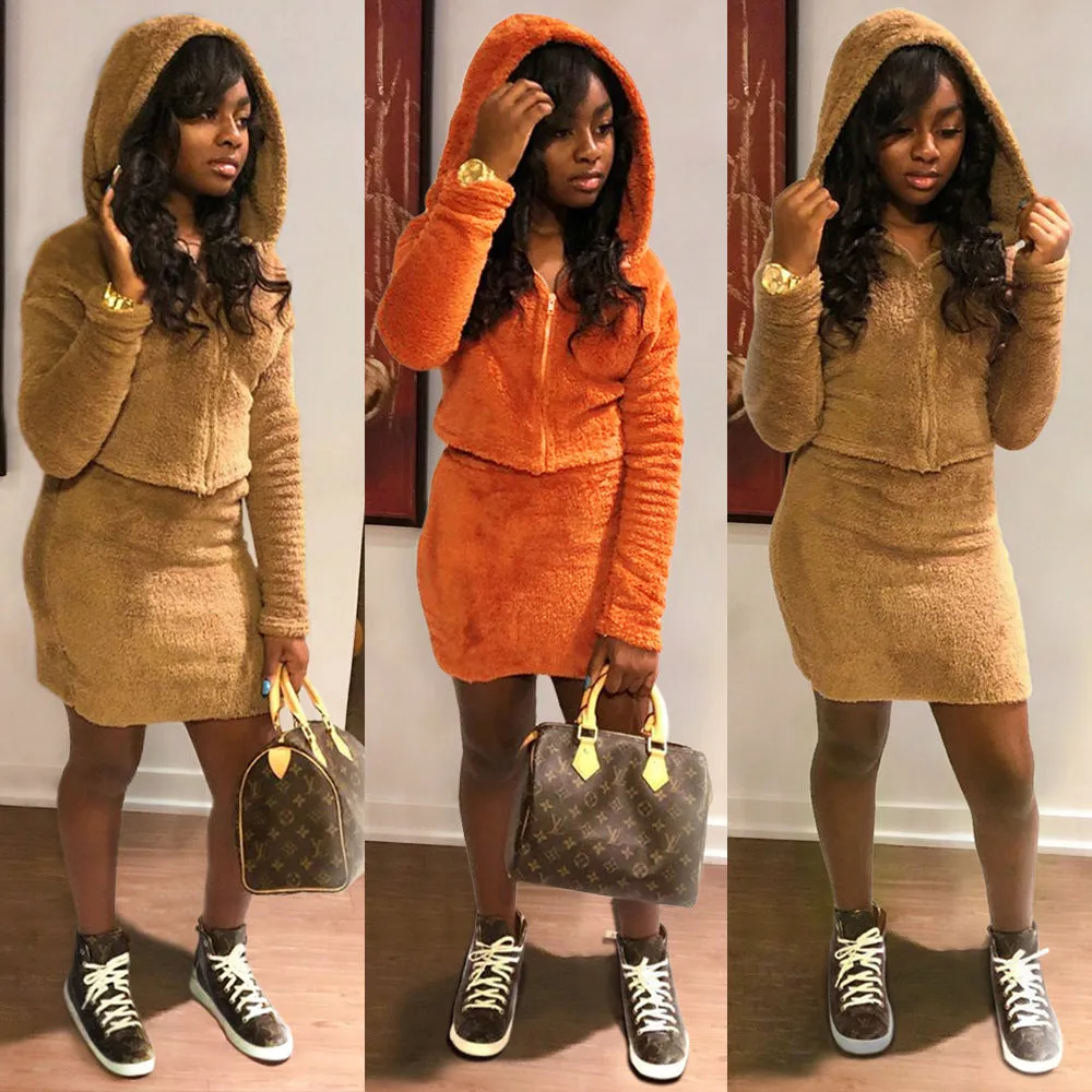 Solid Color Zipper Hooded Cropped Teddy Coat with Short Skirt Two Pieces Set